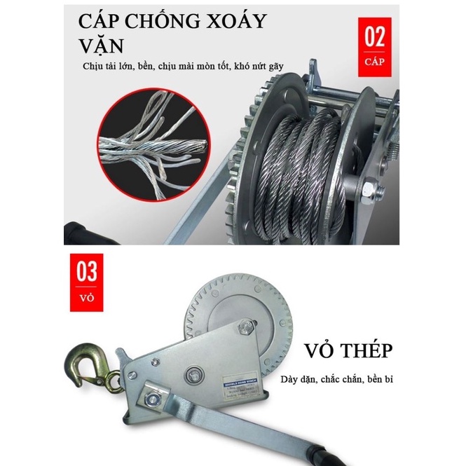 Tời quay tay 800LBS, tời kéo tay tải kéo 320Kg, tải nâng < 150kg, Có Cáp 4ly dài 6 Mét tặng kèm bản mã