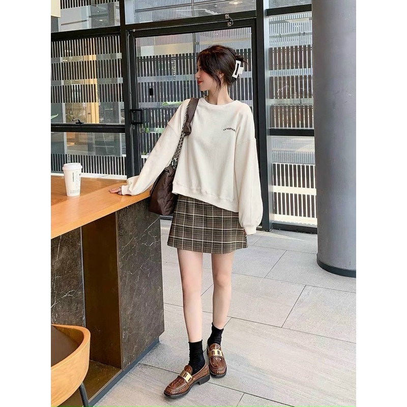 [có sẵn] set ulzzang chân váy caro nâu áo hoodie | BigBuy360 - bigbuy360.vn