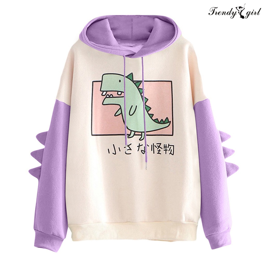 Áo Hoodie Cotton Pha Tay Dài In Họa Tiết Khủng Long Cho Bé Gái