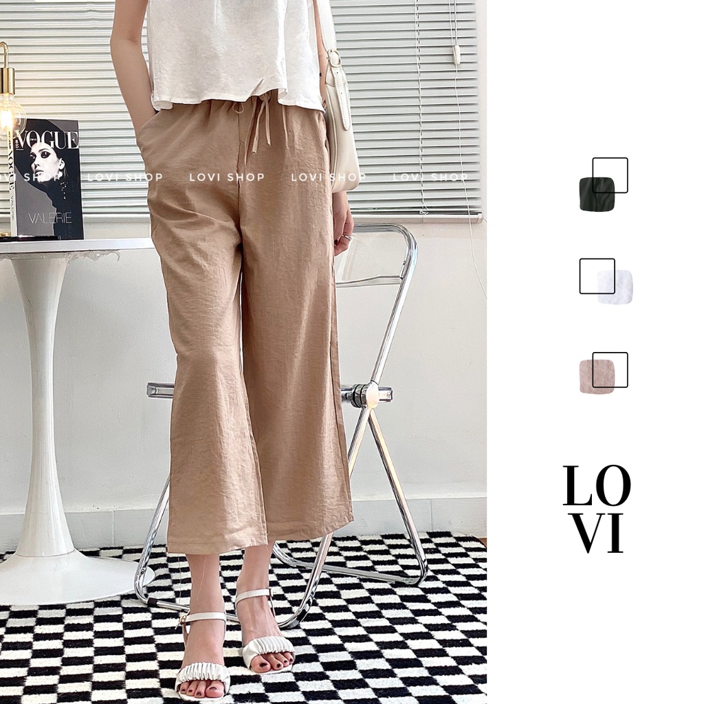Quần culottes vải đũi lưng thun dáng lửng 9 tấc 3 màu Lovi