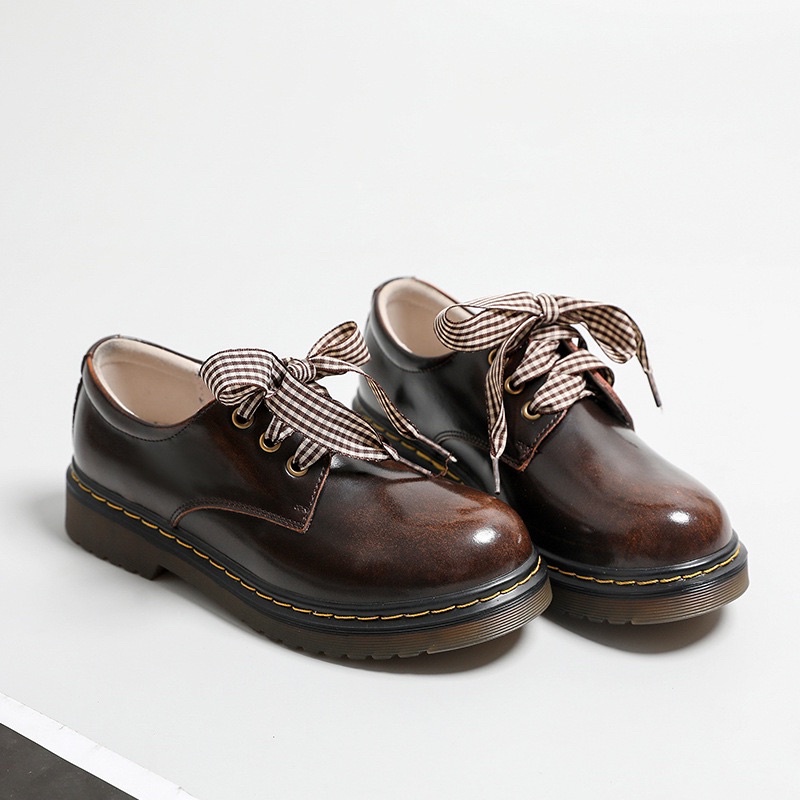 Giày nữ đa bò thật vintage phối ruy băng cao cấp