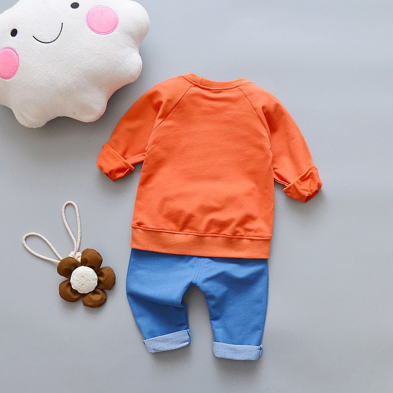 [B190202] Set đồ cho bé, áo thun dài tay hình con gấu màu cam, quần thun xanh hình con gấu trắng