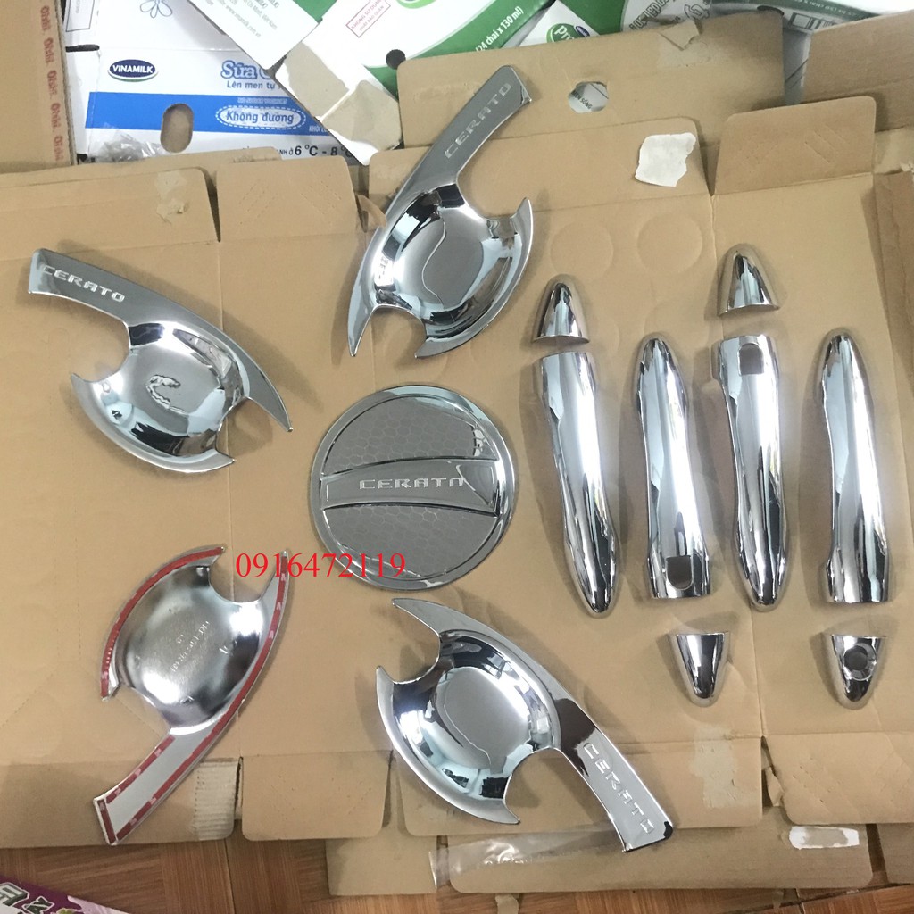 Bộ ốp hõm cửa + tay cửa+ nắp xăng mạ crom xe Kia Cerato đời 2015-2018
