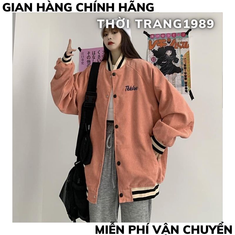 Áo bomber- áo bóng chày nhung tăm màu be-màu đen phối sọc in chữ ALOUTION ,áo nhung tăm phong cách hàn quốcTHỜITRANG1989