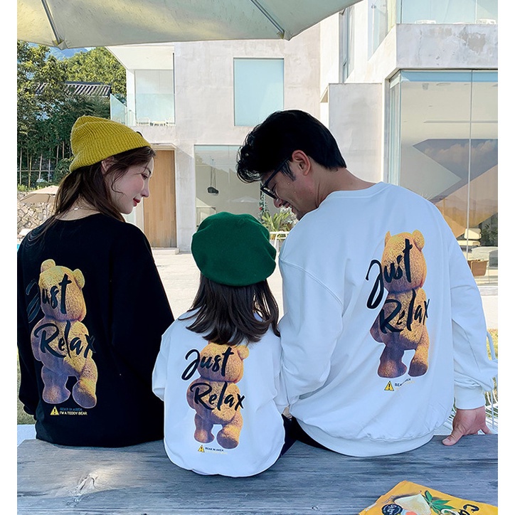 Áo Sweater Gia Đình Familylove - Mẫu Áo Gia Đình Sweater Dài Tay Chú Gấu Just Relax Chất Nỉ Da Cá Cotton 100%