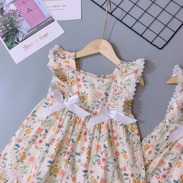 Bộ váy cánh tiên nơ ren tiểu thư cho bé, màu hoa lá, chất liệu vải kate thái loại I