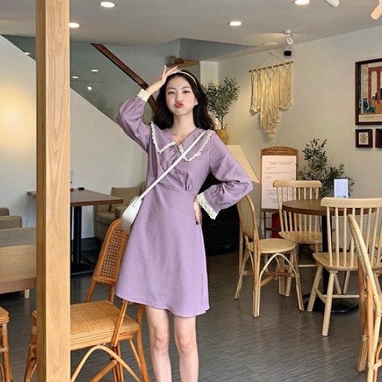 Váy cổ sen chéo ngực vải dạ nhung dày dặn VFF Ulzzang style 🌸Hàng Quảng Châu
