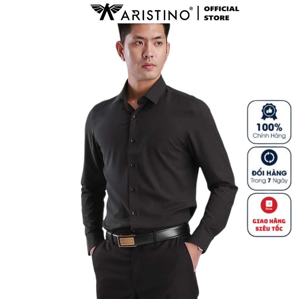 Áo Sơ Mi Nam Dài Tay ARISTINO ALS39707 Somi Công Sở Cao Cấp Màu Đen Trơn Vải Sợi Sồi Mềm Mát Dáng Ôm Không Túi