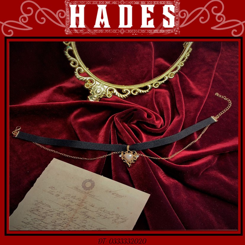 Vòng cổ choker retro gothic baroque - dây chuyền nữ cosplay công chúa mặt trái tim ngọc trai nhân tạo - Hades.js