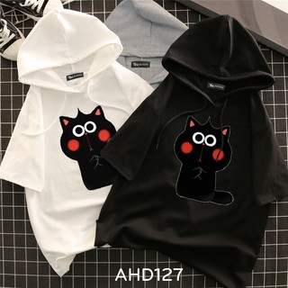 AHD127 Áo thun teen nam nữ HOODIE TAY LỠ CÓ NÓN hình mèo