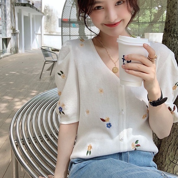 Áo Dệt Kim Cổ Chữ V Thêu Họa Tiết Phong Cách Pháp Thời Trang Mùa Hè Xinh Xắn Cho Nữ