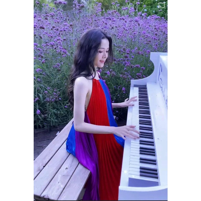 Đầm maxi đi biển váy đi biển phối màu cổ yếm có mút ngực chất liệu Lụa Satin xinh đẹp sang trọng XUKA-DRESS DT050