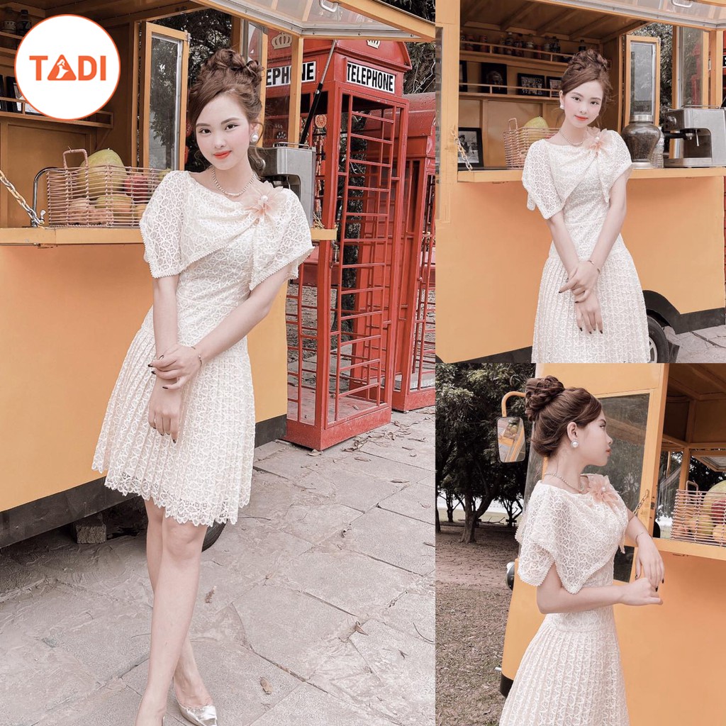 Đầm thiết kế dáng suông chân váy xếp ly tay bồng nhún hoa vai V1835