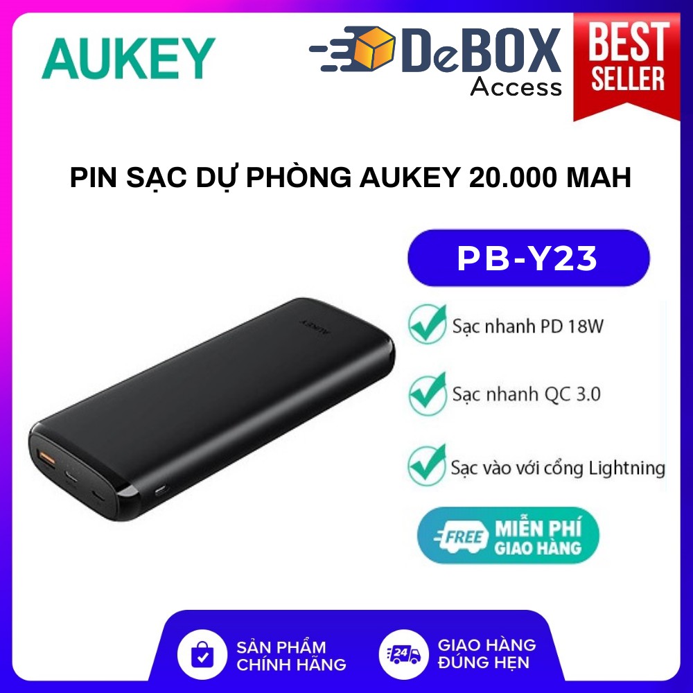 Pin Sạc Dự Phòng 20000mAh AUKEY PB-Y23, QC 3.0, PD 18W, Cổng Lightning In - BH 24 Tháng Chính hãng