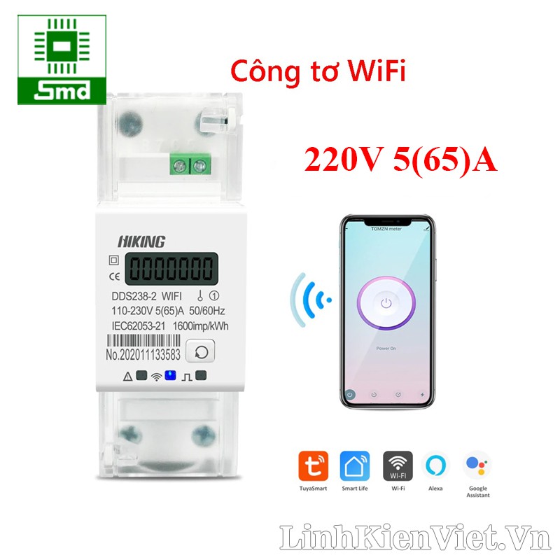 Công tơ điện tử WiFi HIKING DDS238-2 220V 5(65)A đo công suất điện năng tiêu thụ - hẹn giờ, bật tắt từ xa dùng app Smart