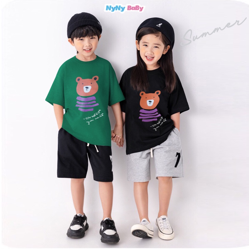 Áo Phông Tay Lỡ Nyny Baby Cho Bé Trai Bé Gái Form Rộng Co Giãn 4 Chiều Họa Tiết Mặt Gấu Từ 1 - 7 Tuổi ( 8 - 24 KG )