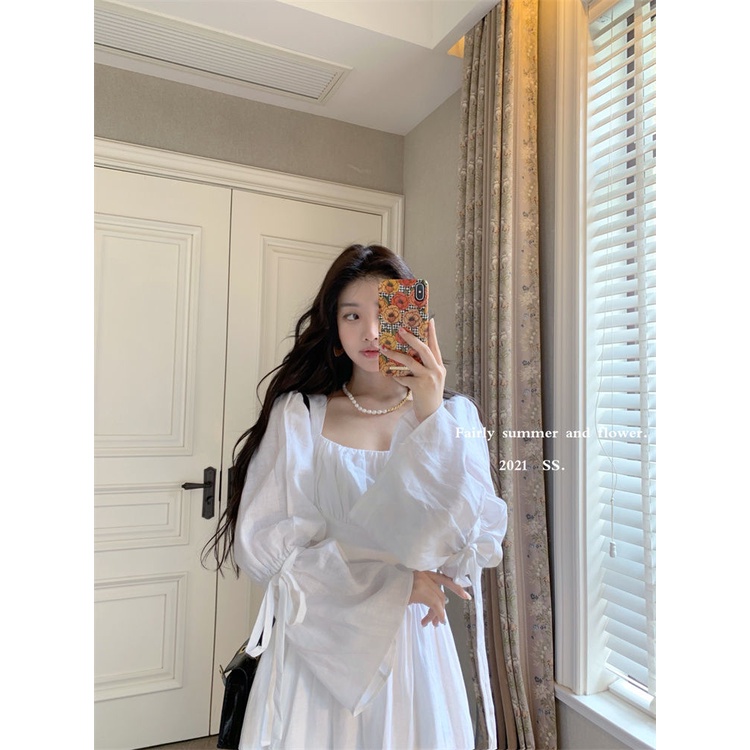 Đầm Trắng Tay Dài Thời Trang Mùa Thu Hàn Quốc Mới Trẻ Trung Đáng Yêu Cho Nữ