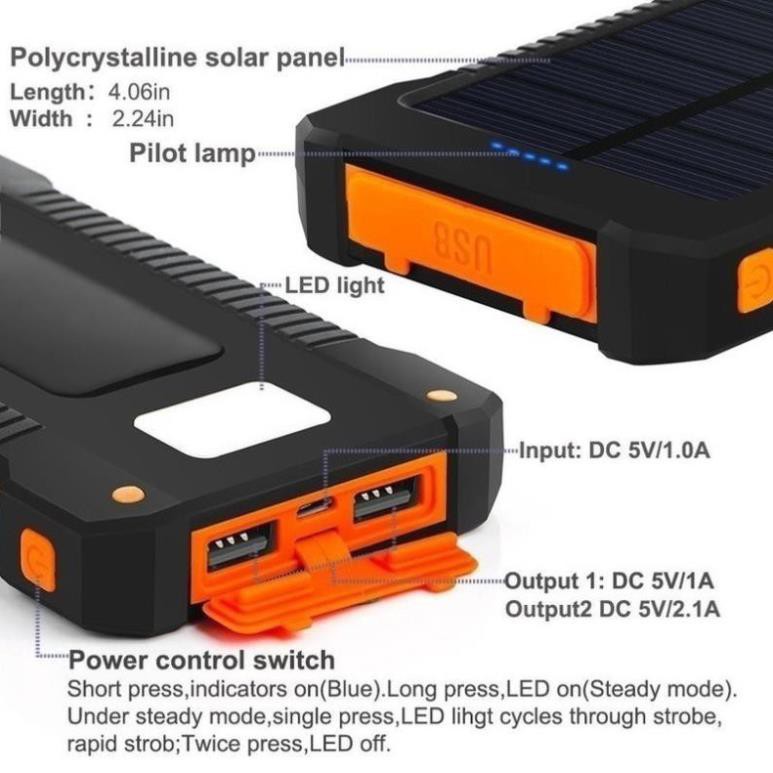 Sạc dự phòng sử dụng năng lượng mặt trời 20000mAh 2 cổng USB thiết kế đèn LED không thấm nước CAO CẤP #sacduphong