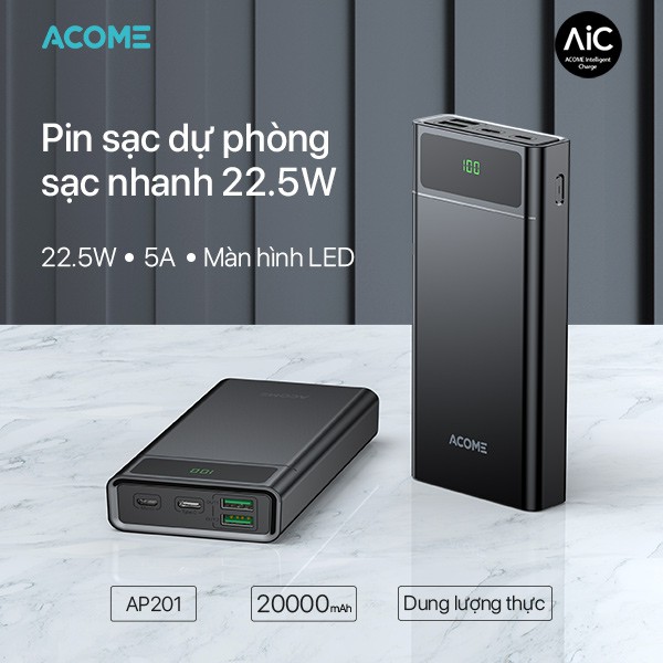 Pin Sạc Dự Phòng ACOME AP201 20000mAh Sạc Nhanh 22.5W - 2 Cổng Input, 3 Cổng Output