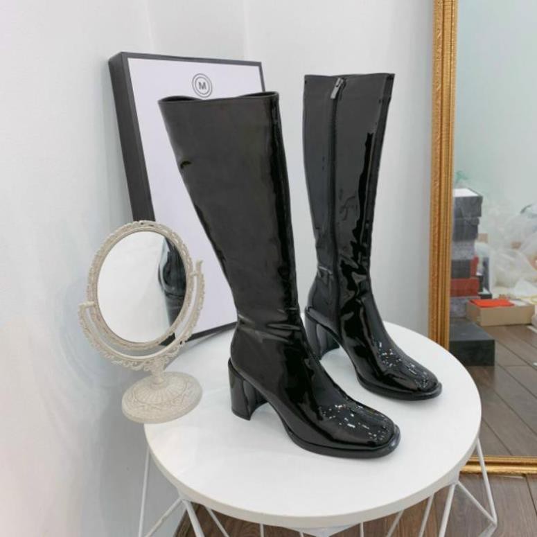 H(ẢNH THẬT) Boot Đùi Ống Cao Mijili Gót Vuông 7p Đúp Viền Nhẹ Da Bóng Mềm Êm Fullbox Cao Cấp