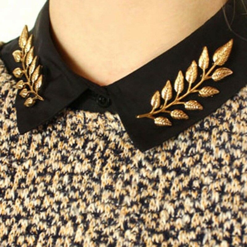 Bộ 2 khuy cài cổ áo hình cành lá màu vàng