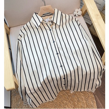Áo sơ mi QKOOLE tay dài họa tiết kẻ sọc phong cách Hàn Quốc cổ điển thời trang dành cho nữ