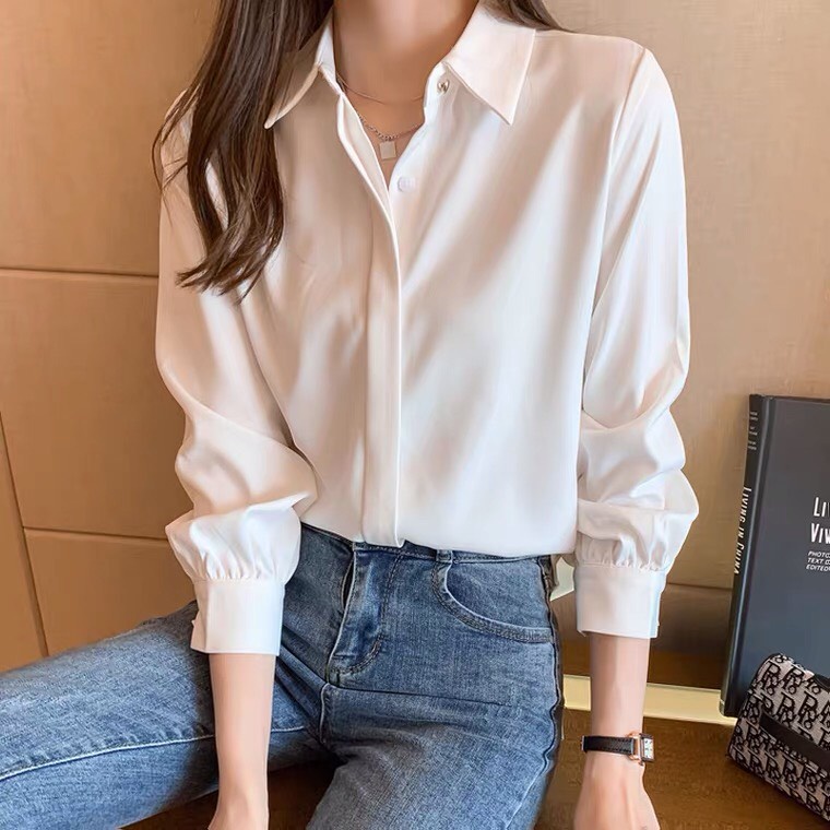 Áo sơ mi công sở nữ dài tay đẹp kiểu hàn quốc ulzzang màu trắng chất lụa cao cấp sang trọng form rộng bigsize mặc đi làm