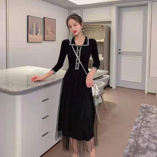 Váy dài tay len tăm lưới quây kiểu dáng Hàn Quốc Thu Đông 2019