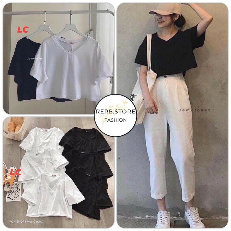 Áo Croptop Tay Lỡ Cổ Tim Kiểu Dáng Basic - Rere.Store [FREESHIP] - Thun trơn cộc tay dáng suông nhiều màu Ulzzang