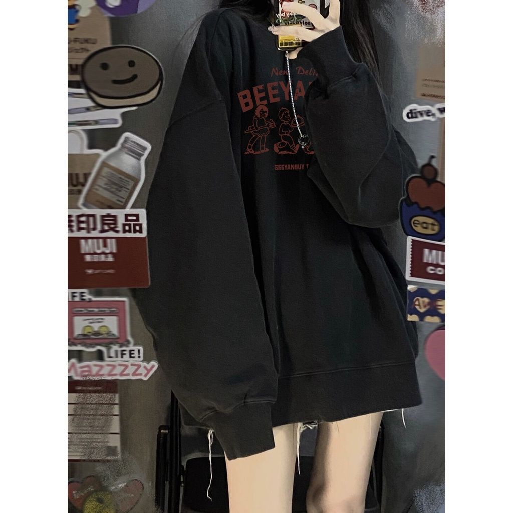 Áo sweatshirt IHKKE dáng rộng phong cách Mỹ retro thời trang dành cho cả nam và nữ