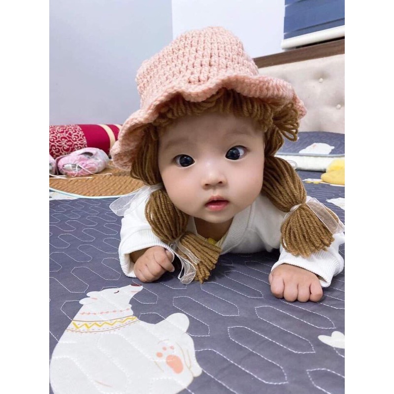 nón tóc ngắn bé gái( mầu hồng ruốc)