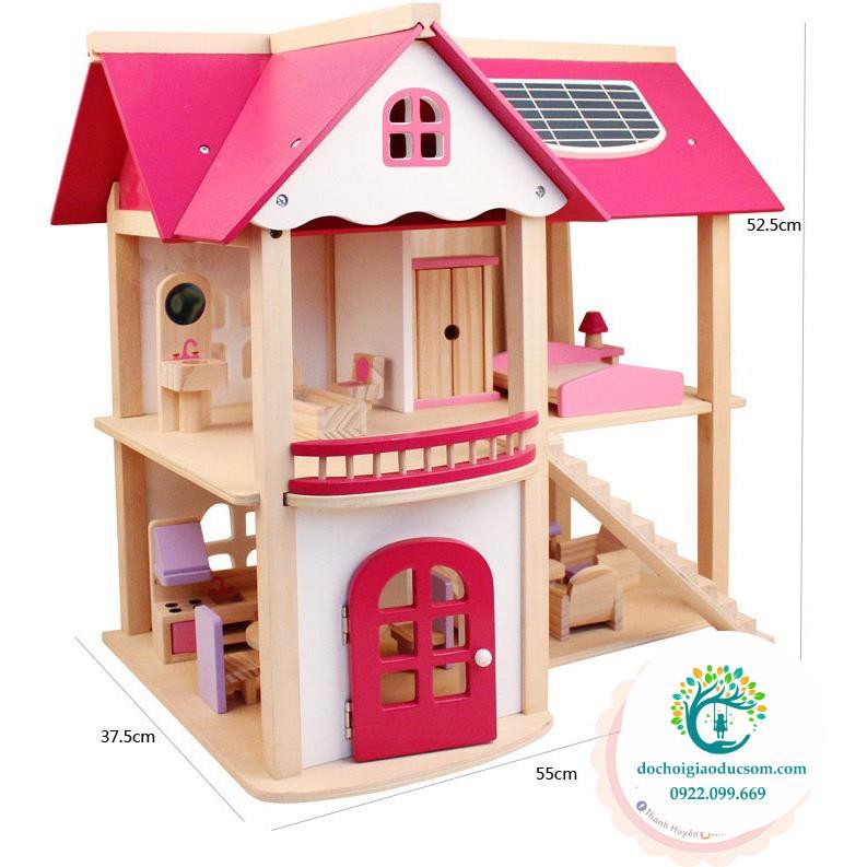 Doll House - Đồ chơi nhà búp bê gỗ Pink House xinh xắn cho bé - CÓ KÈM NỘI THẤT