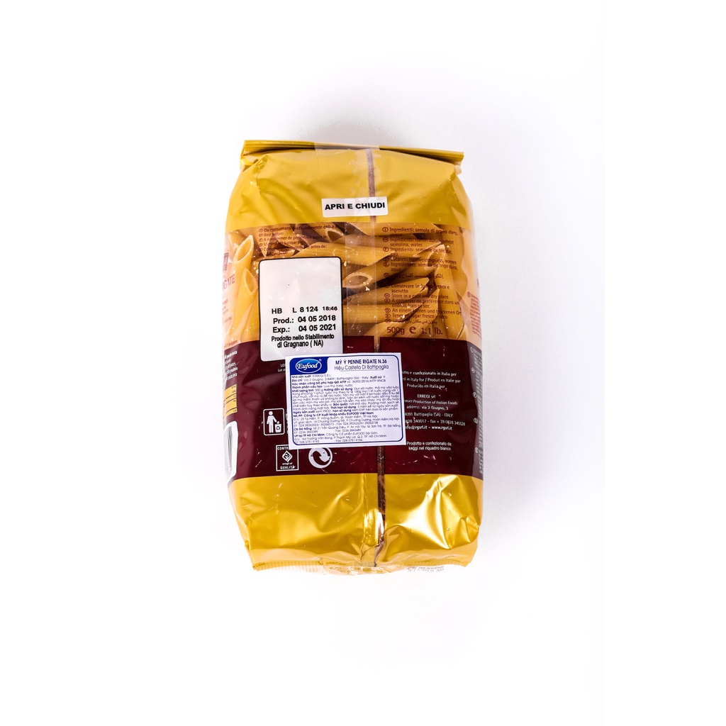 Mỳ ống vát Ý PENNE RIGATE N.36 Castello 500g - EUFOOD Việt Nam - Mỳ Italia Nhập Khẩu Chính Hãng