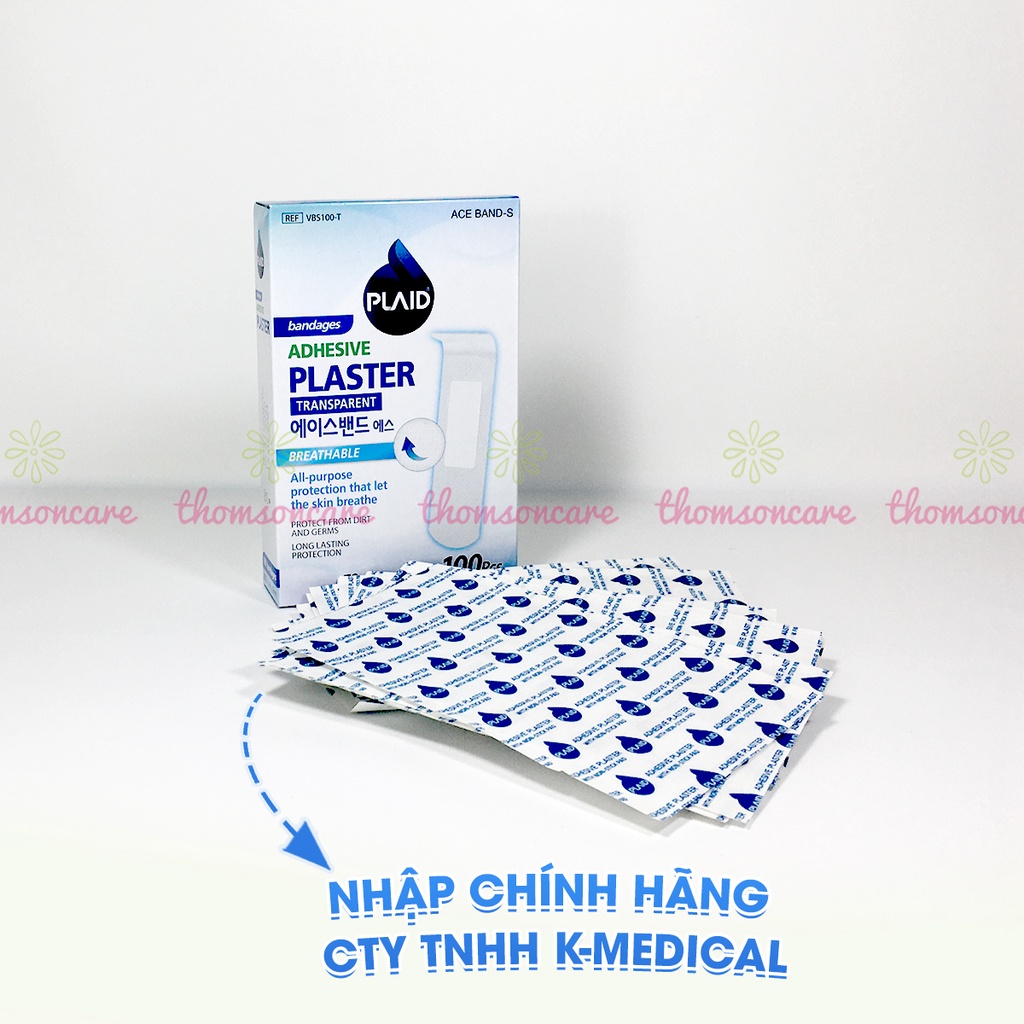 Băng cá nhân trong suốt Plaid Adhesive, băng dính vết thương thẩm mỹ, che mụn  hộp 100 miếng chống nước