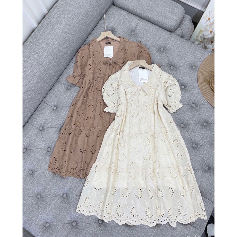 Váy hoa ren lỗ cổ bẻ tay bồng cưc đẹp Chất thô lụa dệt | BigBuy360 - bigbuy360.vn