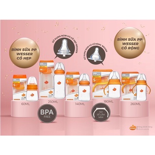 BÌNH SỮA CỔ HẸP 𝐏𝐏 WESSER 60ML/140ML/250ML