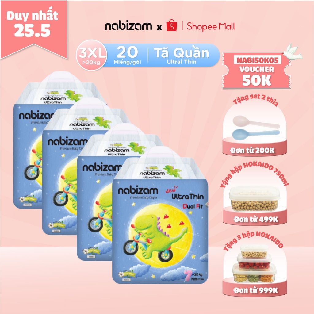 COMBO 4 Tã/Bỉm Quần Nabizam Ultra Thin Nội Địa Hàn Siêu Mỏng Nhẹ, Rãnh Chống Tràn Linh Hoạt Size 3XL20 Cho Bé Từ 20-25kg