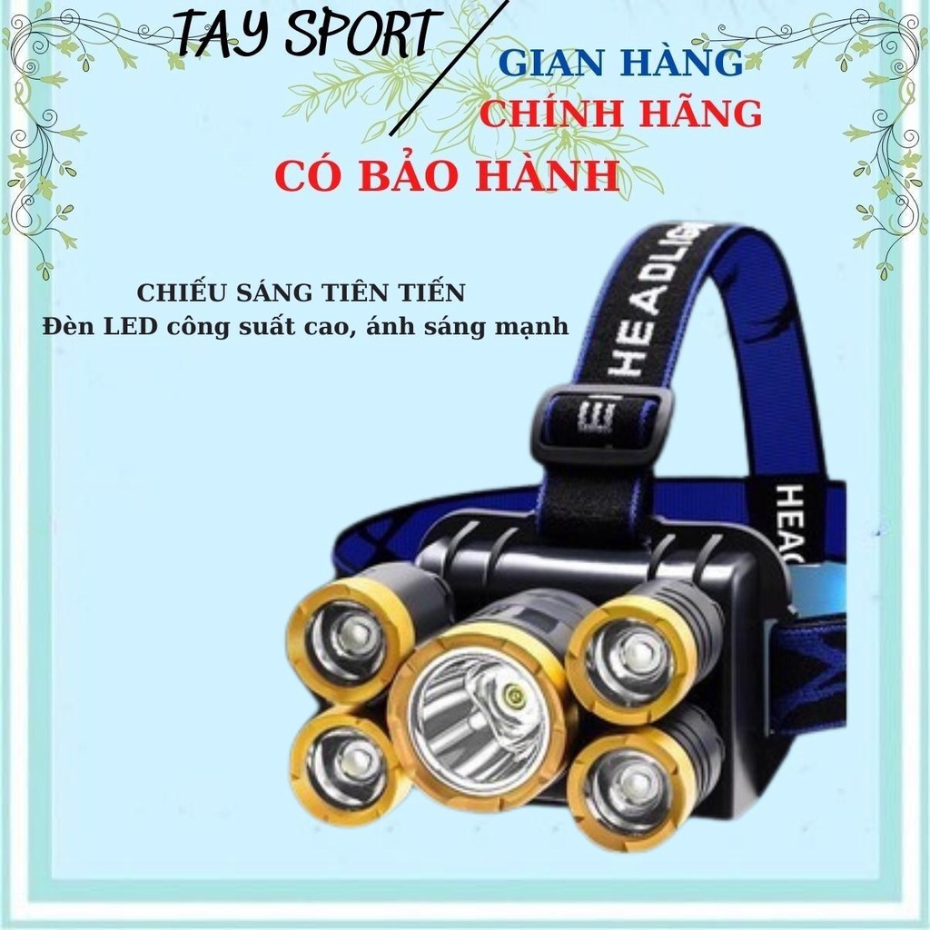 Đèn Pin 5 Bóng Siêu Sáng,Thể Thao,Đi Đêm,Đèn Câu Cá Có Dây Sạc USB Chống Nước