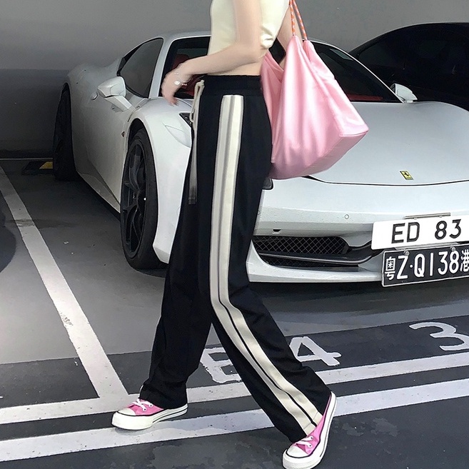 Quần dài ZHELIHANGFEI ống rộng lưng cao họa tiết sọc thời trang cho nữ