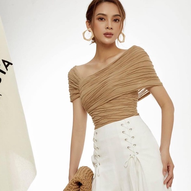 [Ảnh thật] Áo thun gợn sóng lệch vai
