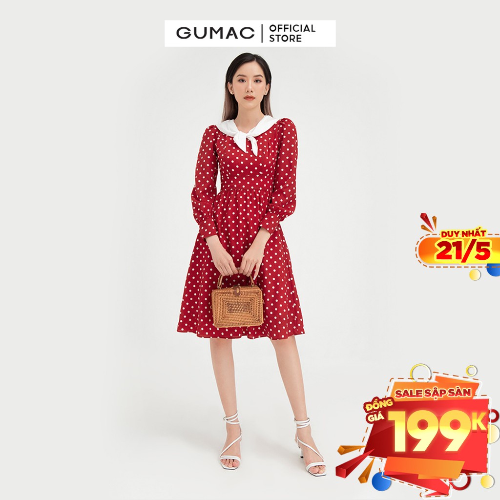 Đầm ôm nữ bi cổ trắng GUMAC thiết kế tiểu thư, bánh bèo màu đỏ DB488