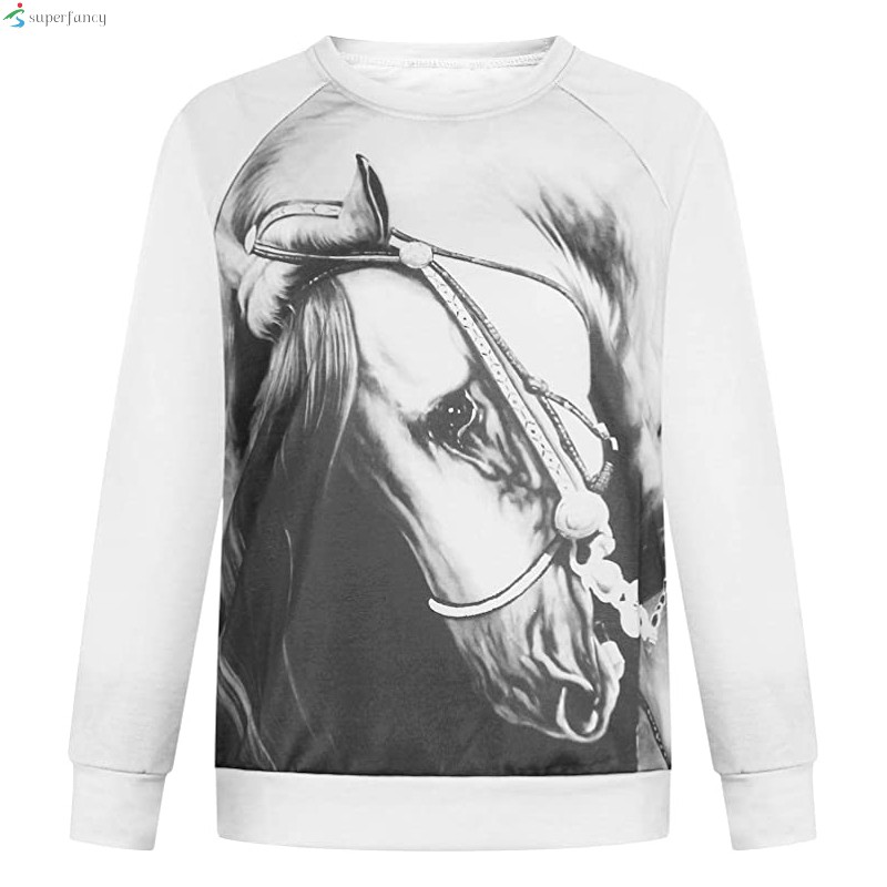 Women's Casual Horse Fun Print Sweatshirt Pullover Loose Long Sleeve Round Neck Blouse for Every Day