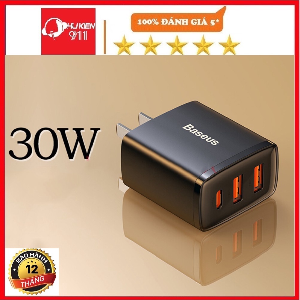 Củ Sạc Nhanh Baseus COMPACT 30W 3 cổng (2 USB + 1 Type C) Hỗ Trợ QC 3.0, USB PD dành cho Ipad/Iphone/Android