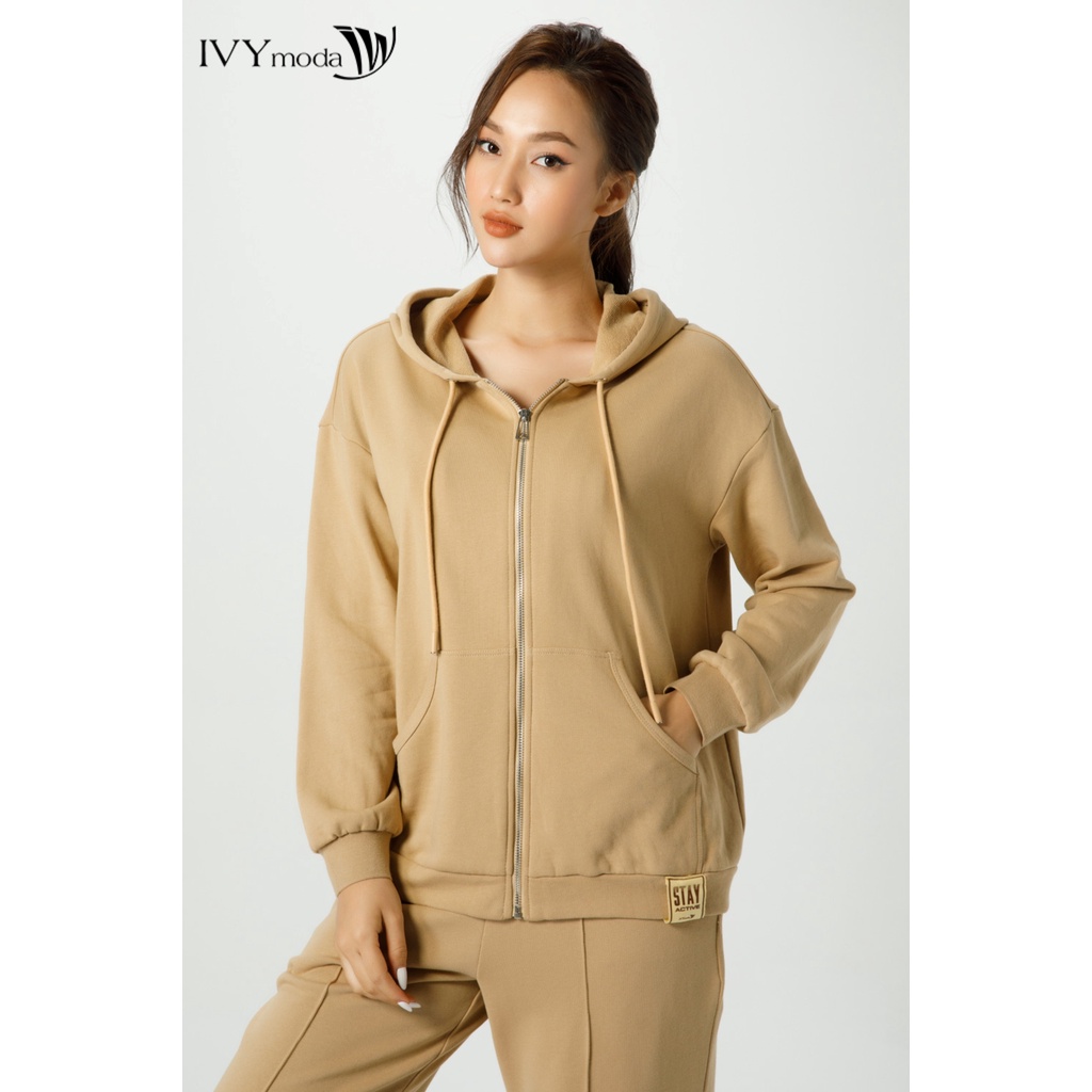 Áo khoác thun nữ cổ mũ rút dây IVY moda MS 77B8996