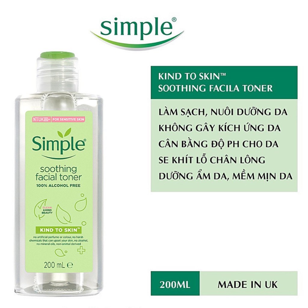 Simple Toner Kind to Skin Soothing Facial - Nước hoa hồng Simple Toner cho da nhạy cảm 200ml