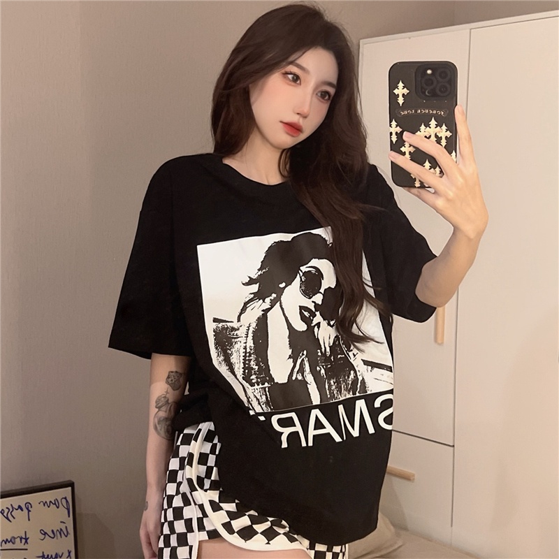 Áo thun SUXI dáng rộng cổ tròn tay ngắn in họa tiết đơn giản thời trang mùa hè cho nữ