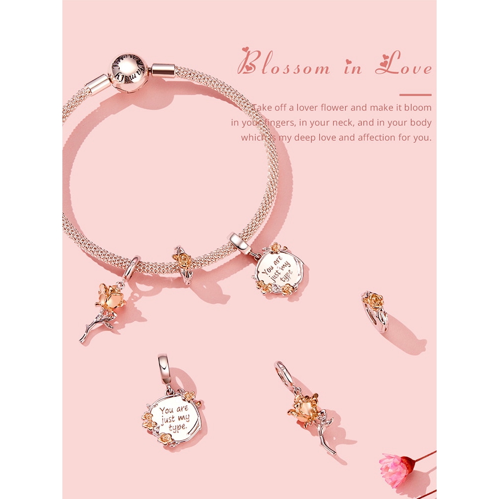 Hạt charm BAMOER BSC147 bằng bạc 925 hình bông hoa màu vàng hồng trang trí đồ trang sức