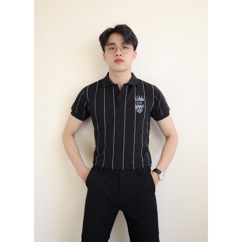 Áo Polo nam cổ bẻ tay ngắn phối kẻ sọc thêu chữ KING cực chất form ôm dáng người chất vải cotton mát | BigBuy360 - bigbuy360.vn