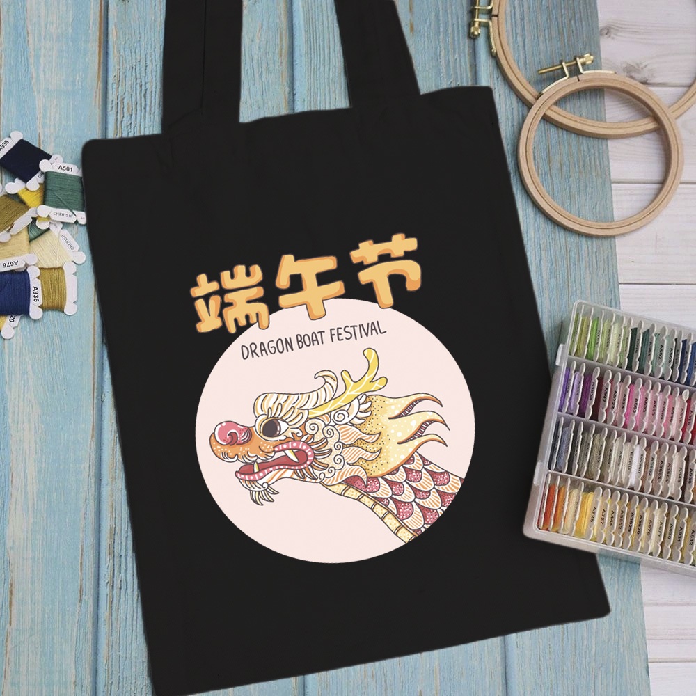 Túi vải, túi Tote (màu đen) DRAGON - Mẫu 5 vải canvas dày đẹp cho nữ có khóa miệng đi học đi chơi.