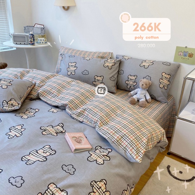 Bộ chăn ga gối poly cotton Gấu teddy đáng iu FULL 4 MÀU | BigBuy360 - bigbuy360.vn